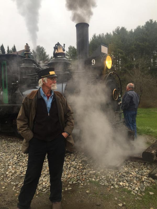 Volunteer conductor J.B. Smith of Nobleboro waits to give the Wiscasset Area Chamber of Commerce a ride. SUSAN JOHNS/Wiscasset Newspaper