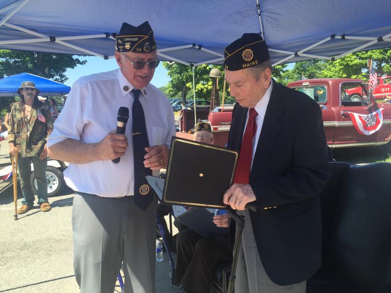 American Legion Post 54 Commander Bill Cossette Jr., left, awards Roy Farmer with a certificate. SUSAN JOHNS/Wiscasset Newspaper