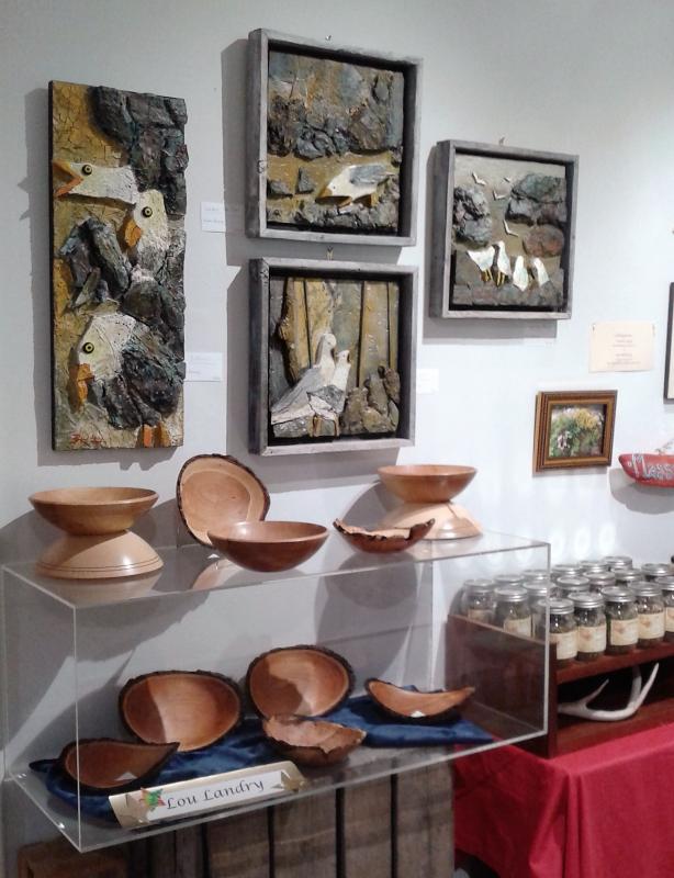 Wood bowls and framed art at Studio 53, Boothbay Harbor for the Gifts for Giving holiday gift show. Leslie Muir-Volpe photo Studio 53, Boothbay Harbor, Leslie Muir-Volpe photo