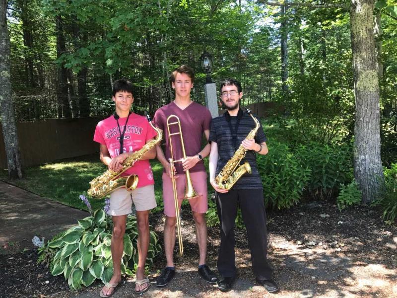 The jazz trio of Jarrett Gulden on tenor sax, Camden Gulden on trombone, and Alex Enders on sax, will provide a brassy musical score to the Wiscasset Art Walk. Courtesy of Lucia Droby Jazz Trio