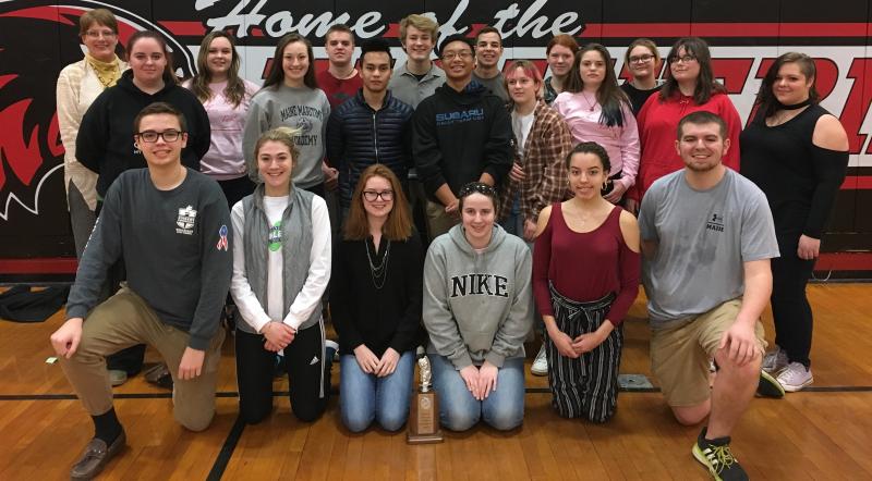 Wiscasset Middle High School’s drama students and their Class B Runner’s Up trophy for their performance of “Three Tables” at the Regional Drama Festival One Act Competition. Courtesy of Jean Phillips
