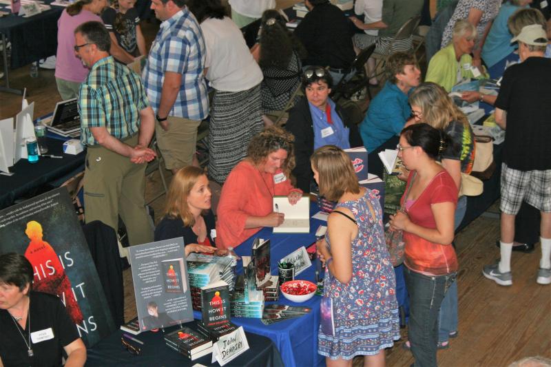 Lots of conversations, laughs and book sales were going on during Books in Boothbay. LISA KRISTOFF/Boothbay Register