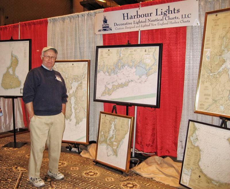 Carl Welshman’s lighted nautical charts are sure to catch the attention of those attending the 2018 Arts & Yachts Exhibition and Sale Aug. 10-12 at Hodgdon Yachts Services on Southport Island. Leslie Volpe photo