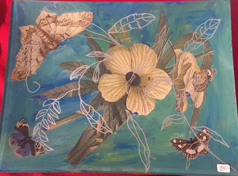 Closeup of one of Diana Kerr’s decoupage nature plates under $100!