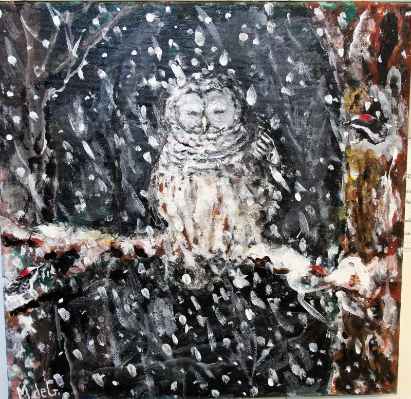 “Owl in WInter” by Marjorie de Garmo is one of the many 12” x 12” paintings at the Art Foundation for $100. Marjorie de Garmo