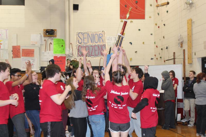 The junior class holds up the Winter Carnival trophy Feb. 15. VANESSA DUNN/Wiscasset Newspaper