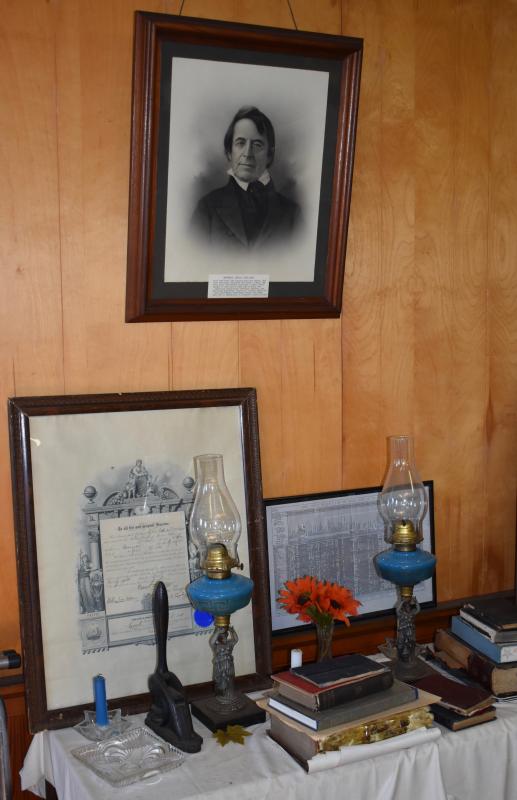 Items on display at Lincoln Lodge’s open house included a portrait of Nathaniel Coffin, who supervised construction of the Lincoln County Courthouse in 1824. PHIL DI VECE/Wiscasset Newspaper