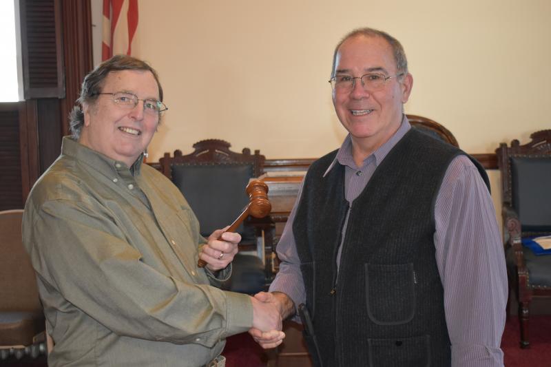 Lincoln Lodge Worshipful Master David Sawyer, right, will soon pass the gavel to incoming master Ken Boyd of Alna. PHIL DI VECE/Wiscasset Newspaper