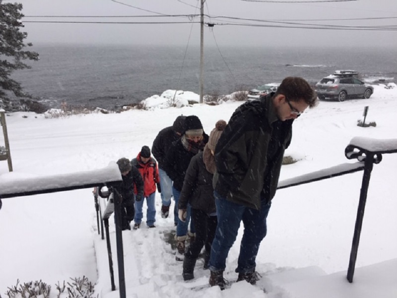 Family members climb the steps of Wilson Memorial Chapel at Ocean Point on Dec. 30, 2019 for the baptism ceremony. Jill Carrick photo