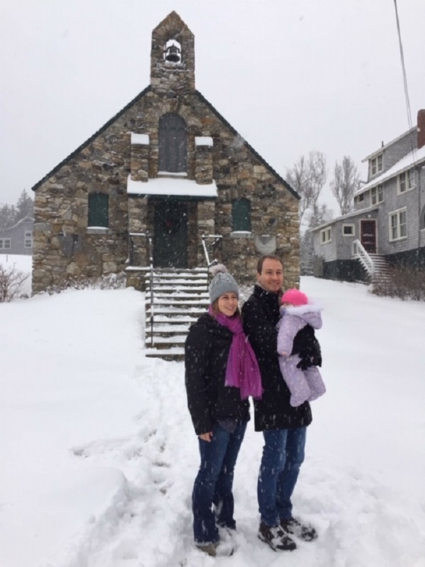 Cheryl (Pappas) and Alex Jones and their 5-month-old daughter, Meredith, stand in front of Wilson Memorial Chapel at Ocean Point on Dec. 30, 2019 following the baptism ceremony for Meredith. Jill Carrick photo