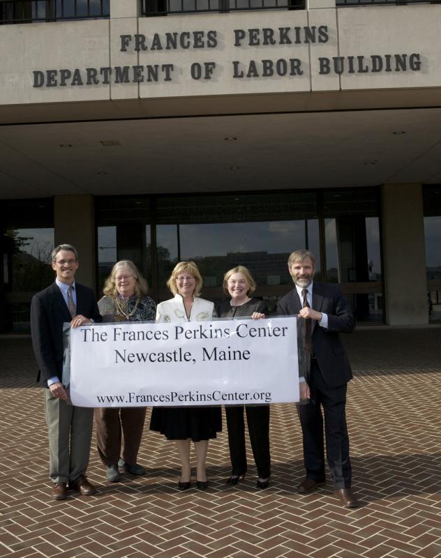 April 16, 2009: Opening dedication of Frances Perkins Center incorporation at the US Dept. of Labor headquarters, the Frances Perkins building, Washington D.C. From left, FPC Board members Christopher Rice; the late Gretel Porter; journalist Kirstin Downey; Elizabeth Allen and Tomlin Perkins Coggeshall. Courtesy photo