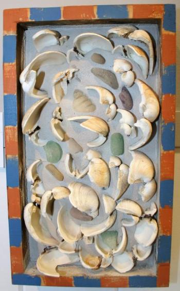 One of Andre Benoit’s mixed media, this one of sea shells and glass. Andre’s owl mixed media’s were flying out the door! Andre Benoit