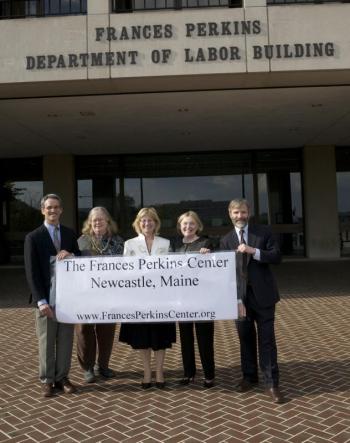 April 16, 2009: Opening dedication of Frances Perkins Center incorporation at the US Dept. of Labor headquarters, the Frances Perkins building, Washington D.C. From left, FPC Board members Christopher Rice; the late Gretel Porter; journalist Kirstin Downey; Elizabeth Allen and Tomlin Perkins Coggeshall. Courtesy photo