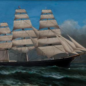 “Clipper Ship Under Full Sail” by Xanthus Smith is one of the marine paintings on exhibit at the new Wiscasset Village gallery James L. Kochan Fine Art & Antiques. Courtesy of Lucia Droby Clipper Ship Under Full Sail by Xanthus Smith